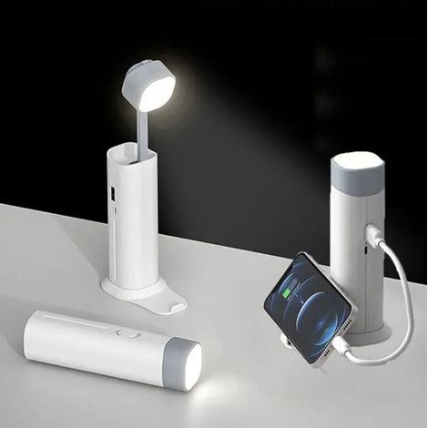 4-in-1 Taschenlampe (5500 K) + Faltbare Tischlampe + Powerbank + Handyhalterung (1200 Mah) – Usb-ladefunktion, Leselampe Für Den Nachttisch, Augenschutz, Outdoor-taschenlampe – Weiß