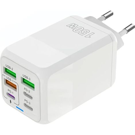 Usb-c-ladegerät, 150 W, 6-port-schnellladestecker (3 Usb-c-anschlüsse + 3 Usb-a-anschlüsse), Kompatibel Mit Iphone 11/12/13/14/15/xs/xr/8/ipad