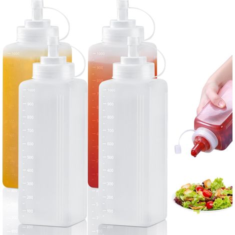 Set Mit 4 Quetschflaschen – 1000 Ml – Quetschflaschen Mit Verschluss – Leere Plastikflaschen – Saucenflaschen Für Ketchup, Scharfe Sauce, Olivenöl