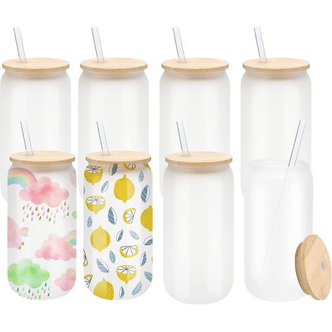 8-teiliges Set Aus Glasbehältern Für Die Sublimation, 520-ml-bierdose Mit Mattierter Sublimationsbeschichtung, Borosilikatglasbecher, Einmachglas Mit Bambusdeckeln Und Wiederverwendbarem Strohhalm – F