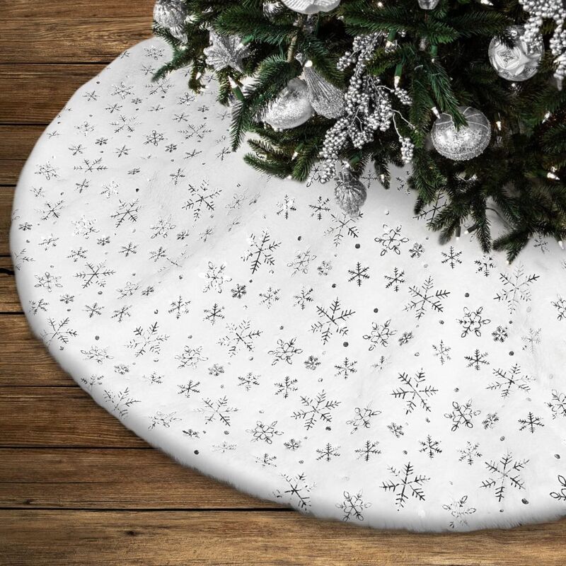 Weihnachtsbaumdecke, Weihnachtsbaumständer, Weihnachtsbaummatte, Silberne Schneeflocken-pailletten (weiß, 90 Cm)