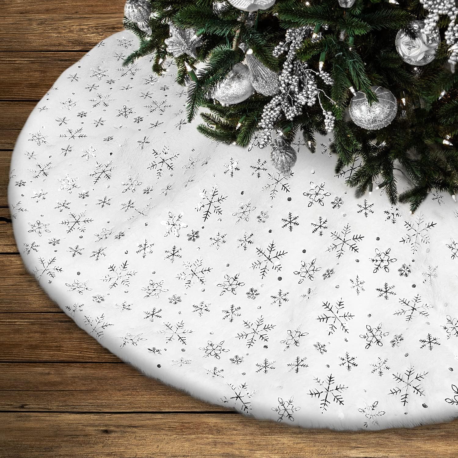 Weihnachtsbaumdecke, Weihnachtsbaumständer, Weihnachtsbaummatte, Silberne Schneeflocken-pailletten (weiß, 78 Cm)