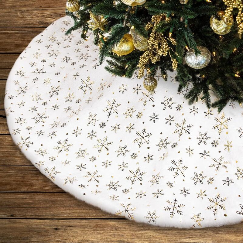 Weihnachtsbaumdecke, Weihnachtsbaumständer, Weihnachtsbaummatte, Goldene Glitzerschneeflocken (weiß, 90 Cm)
