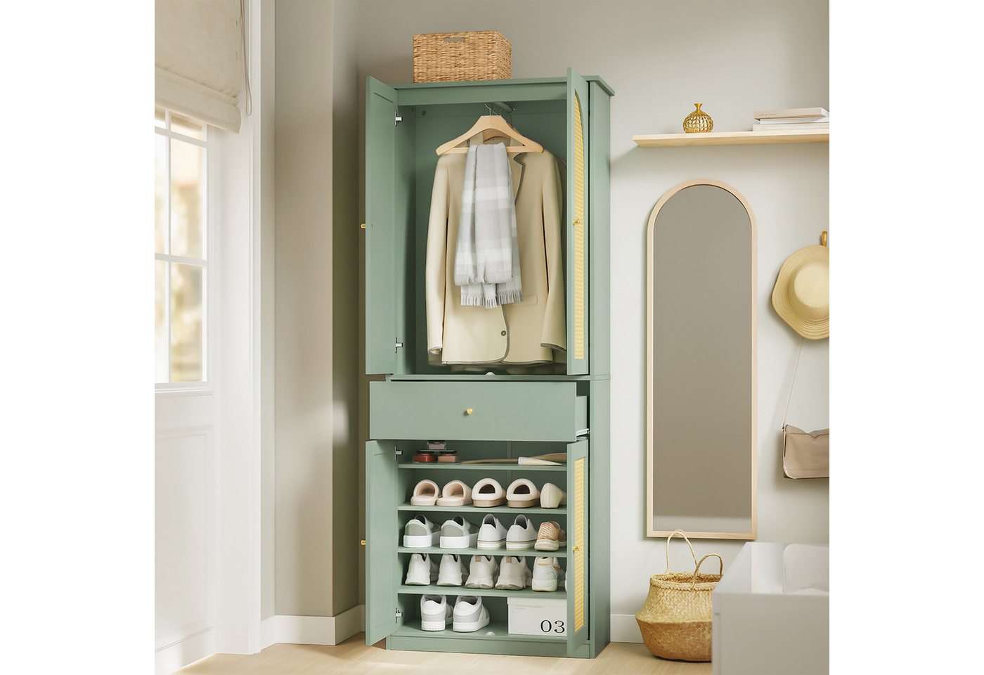 Sobuy Schuhschrank Grün Mit 1 Schublade Kleiderschrank Mit 4 Türen Und Hängestange Flurschrank Aus Mdf 70×34×180 Cm Tragkraft 83 Kg Fsb107-gr Bild 2