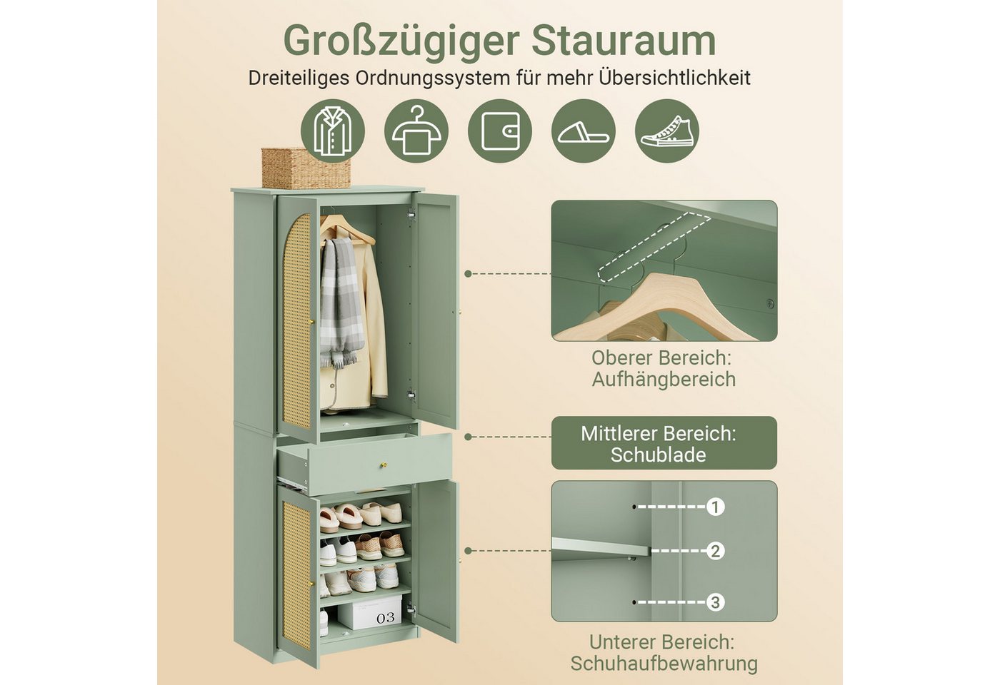 Sobuy Schuhschrank Grün Mit 1 Schublade Kleiderschrank Mit 4 Türen Und Hängestange Flurschrank Aus Mdf 70×34×180 Cm Tragkraft 83 Kg Fsb107-gr Bild 3