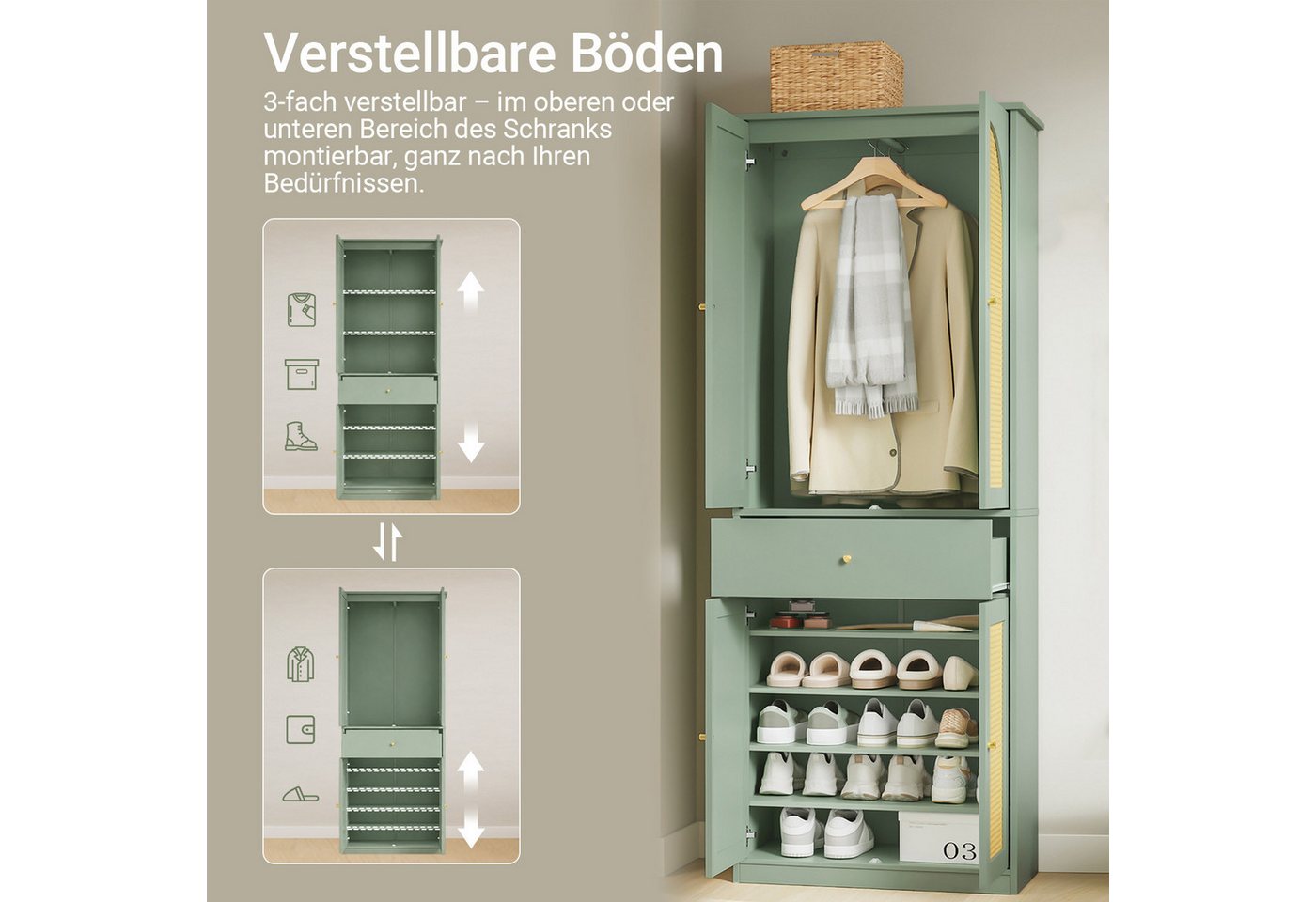 Sobuy Schuhschrank Grün Mit 1 Schublade Kleiderschrank Mit 4 Türen Und Hängestange Flurschrank Aus Mdf 70×34×180 Cm Tragkraft 83 Kg Fsb107-gr Bild 4