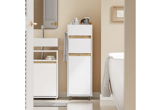 Sobuy Schmale Kommode In Weiß Mit 1 Schublade Rollcontainer Mit Tür Und Kleiderstange Weißes Badezimmerregal Aus Spanplatte 33×30×91 Cm Tragkraft 50 Kg Bzr225-wn