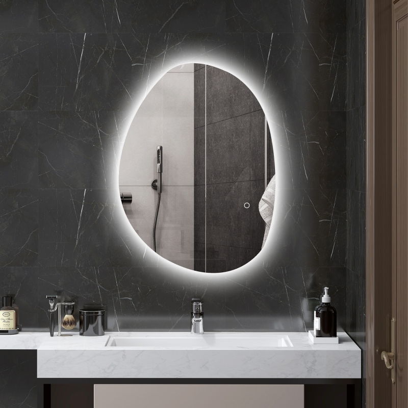 Sonni Asymmetrischer Silberner Badezimmerspiegel In Kieselsteinform Mit Led-beleuchtung, Intelligentem Touch-schalter Und Antibeschlagfunktion, 70 X 50 Cm