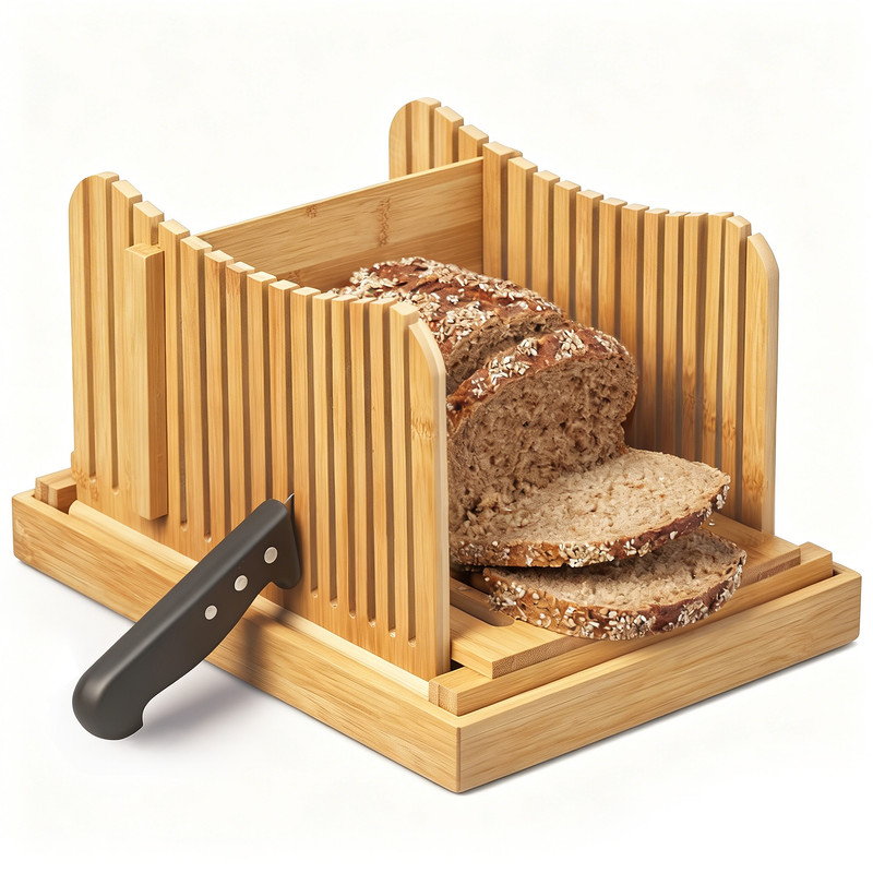 Faltbarer Bambus Brotschneider, Bambus Holz Faltbarer Brotschneider, Brotschneidehilfe, Mit Kruemel Auffangschale