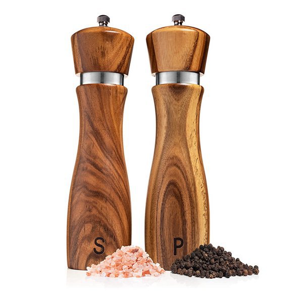 1 Set. Farbe: Naturholz. Materialien: Akazienholz, Edelstahl, Aluminium Und Keramik. Pfeffermühle Mit Meersalz.