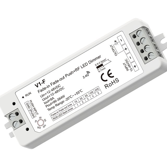 Rf-dimmregler + Drucktaster, 1 Kanal, 12–48 V Dc, 8 A (einstellbare Ein-/ausschaltzeit), V1-f