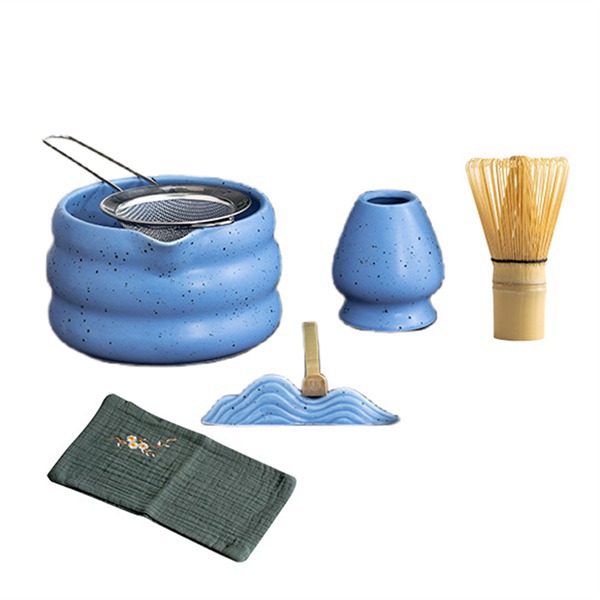 Set, Farbe: Blau, Material: Keramik + Bambus, 7-teiliges Japanisches Matcha-tee-set, Japanisches Keramik-sandmuster.