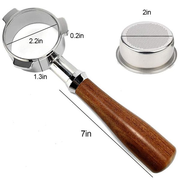 Eine Espressomaschine Aus Silber- Und Holzfarbenem Edelstahl Mit Einem 54 Mm Langen, Bodenlosen Edelstahlgriff.