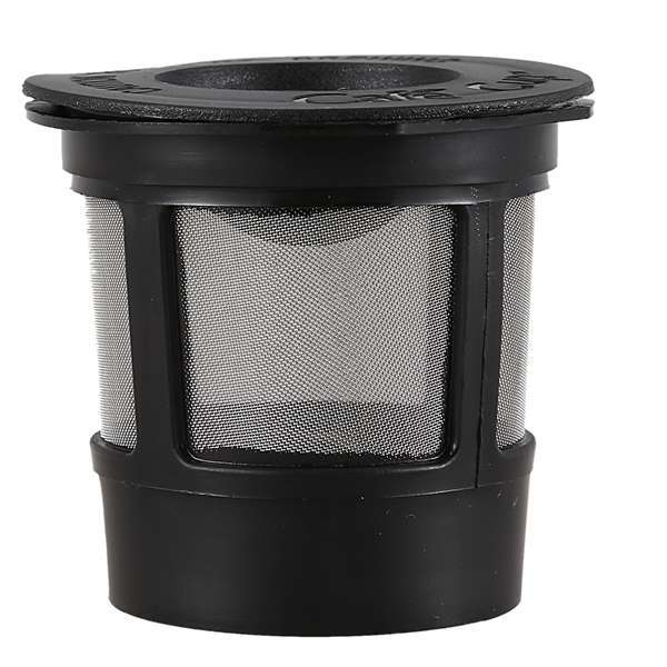 Ein Wiederverwendbarer Kaffeefilter Aus Schwarzem Kunststoff Und Edelstahl 304 Mit Ungefähren Abmessungen Von 5 X 4,5 X 3,6 Cm.