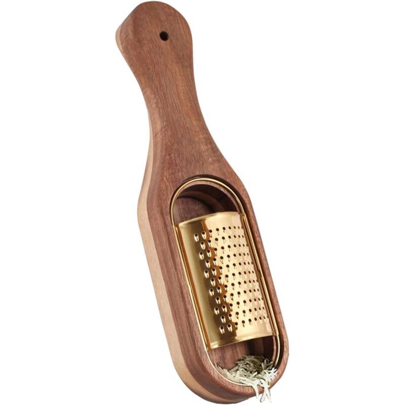 Käsereibe Mit Behälter – Parmesanreibe Aus Edelstahl Mit Holzgriff, Zestenreibe, Küchenbehälter, Tragbarer Käselöffel, Reibe – Farbe: Titangold