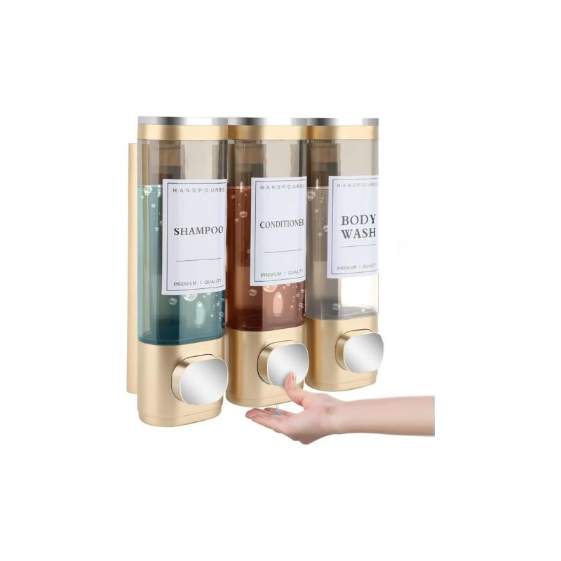 Set Aus 3 Seifenspendern, Wandmontiert, Kein Bohren Erforderlich, Gleichmäßige Flüssigkeitsabgabe, Auslaufsicher, Geeignet Für Shampoo, Duschgel, Flüssigseife, Conditioner, Goldfarben