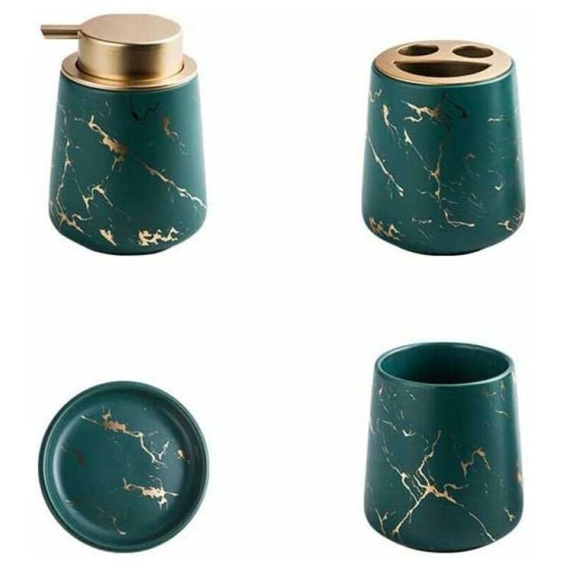 4-teiliges Badezimmer-accessoire-set Aus Marmorkeramik - Seifenspender, Zahnbürstenhalter, Becher, Seifenschale - Dunkelgrün