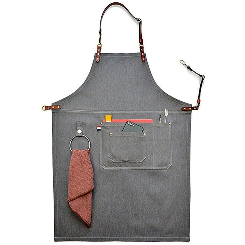 Neutralgraue Denim-schürze Mit Lederriemen, Schutzschürze Mit Taschen, Größe M
