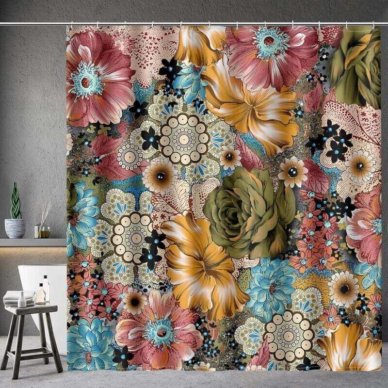 Duschvorhang Im Boho-stil Mit Blumenmuster, 182,9 X 182,9 Cm – Wasserdicht Und Schnelltrocknend – Beschwerter Saum Für Stabilität – Einfache Montage Mit Ösen