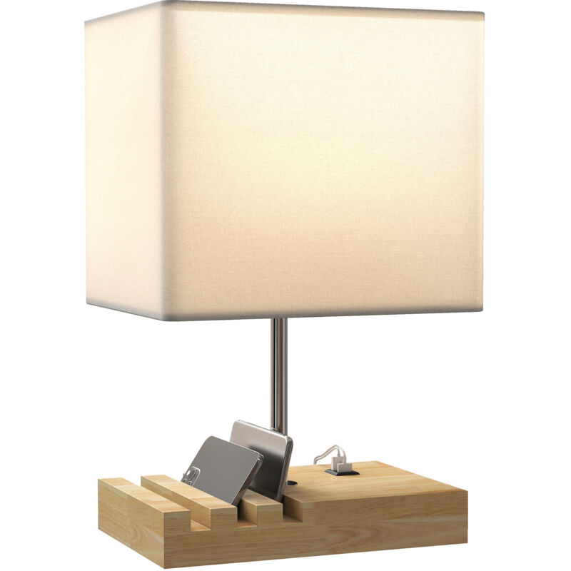 Nachttischlampe Mit Usb-anschluss, Holz, Stoff, Schalter, Staufach, Weiß