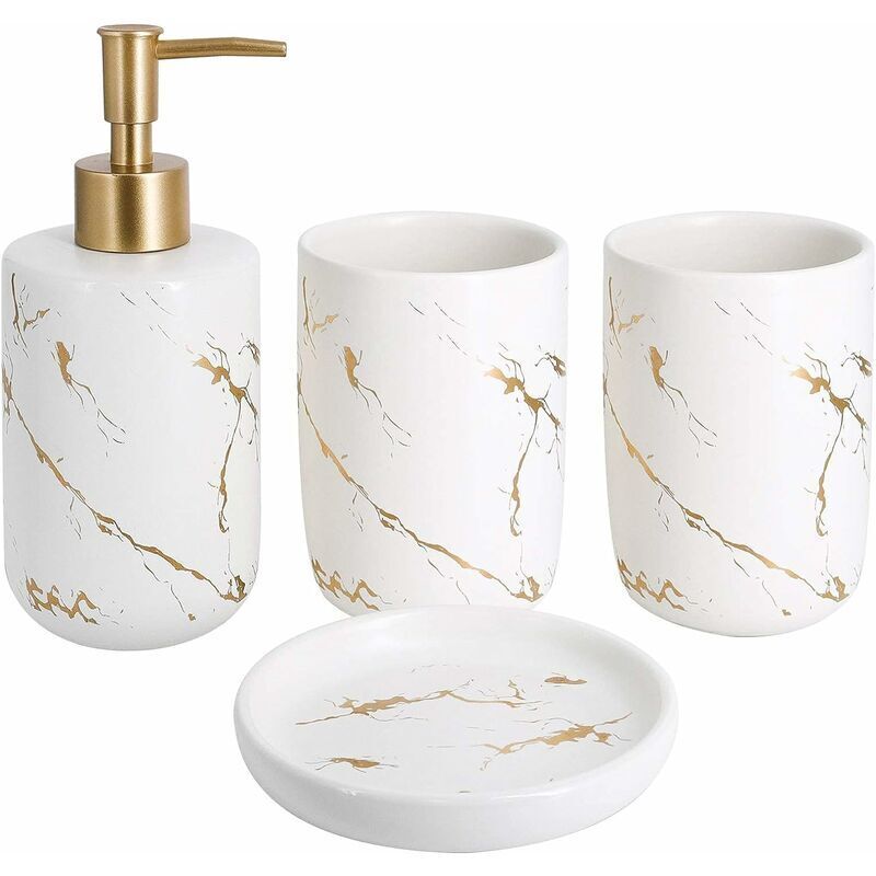 Top-spring 4-teiliges Keramik-badezimmer-zubehörset Mit Seifenspender, Bechern, Seifenschale (weiß)
