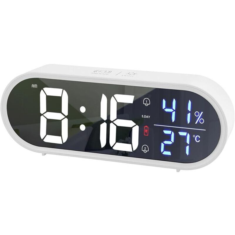 Digitaler Wecker, Tragbarer Led-spiegelwecker, Usb-aufladbarer Reisewecker Mit Sprachsteuerung, Doppelalarm, Schlummerfunktion, Temperatur- Und Luftfeuchtigkeitsanzeige, 40 Klingeltöne, 5 Helligkeitss