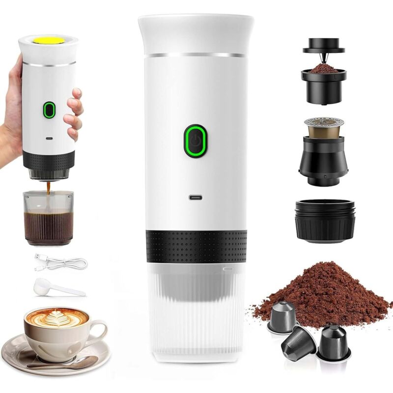 Tragbarer Reise-kaffeebereiter, Schnellheizender 3-in-1 12v Kaffeebereiter, Selbsterhitzend In 4-6 Minuten, Kompatibel Mit Großen Kapseln Und Gemahlenem Kaffee, Für Camping, Büro, Zuhause, Auto (weiß)
