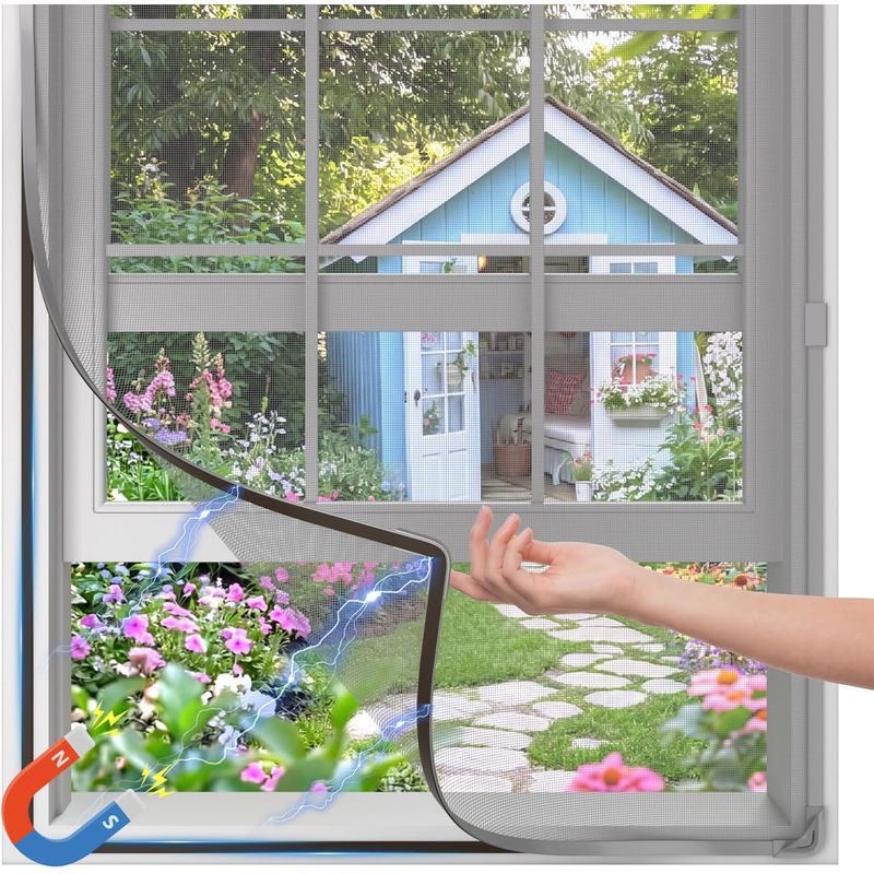 Amxcnoy Magnetisches Fenster-moskitonetz, 100 X 150 Cm, Individuell Anpassbare Größe, Robustes Fiberglas, Bohrfreie Montage, Schutz Vor Mücken Und Insekten, Grauer Rahmen Und Netzgewebe