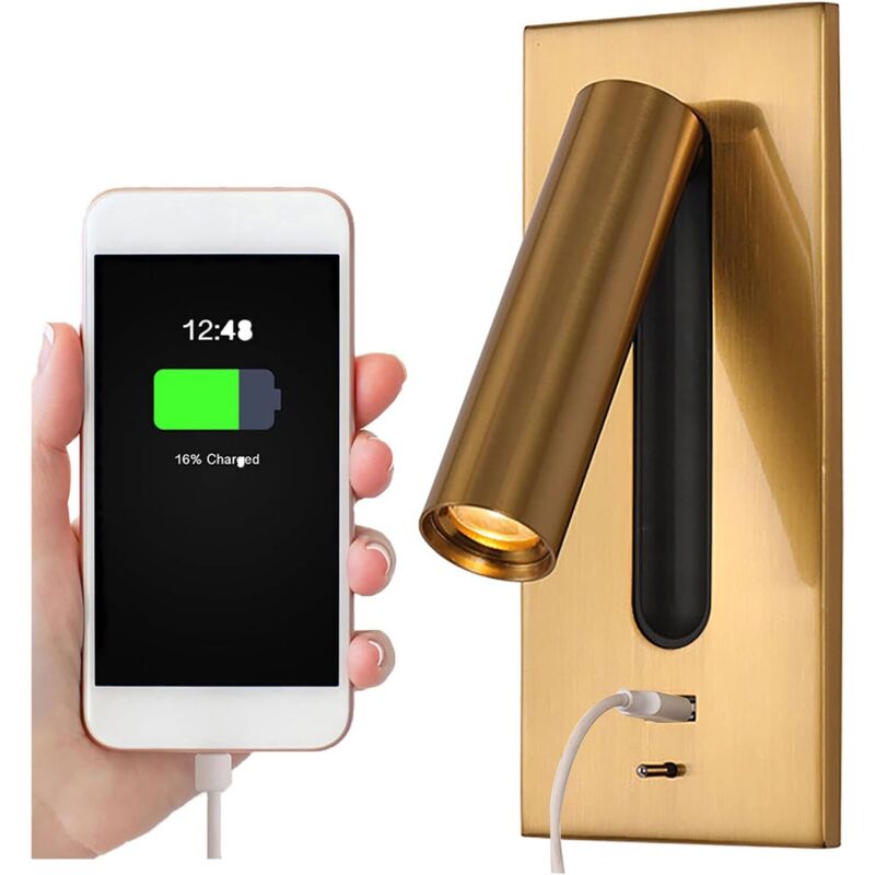 Amxcnoy Wand-nachttischlampe, 350° Drehbar Und 90° Klappbar, Mit Integriertem Kopfteil, Verdecktem Schalter Und Versenktem Usb-anschluss, Zum Lesen, Messing, Warmweißes Licht (3000 K)