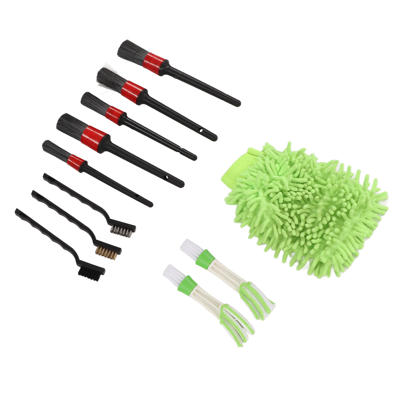 Set Mit 11 Autoreinigungsbürsten Aus Kunststoff Für Felgen, Scheibenwischer Und Windschutzscheibe, Grün.