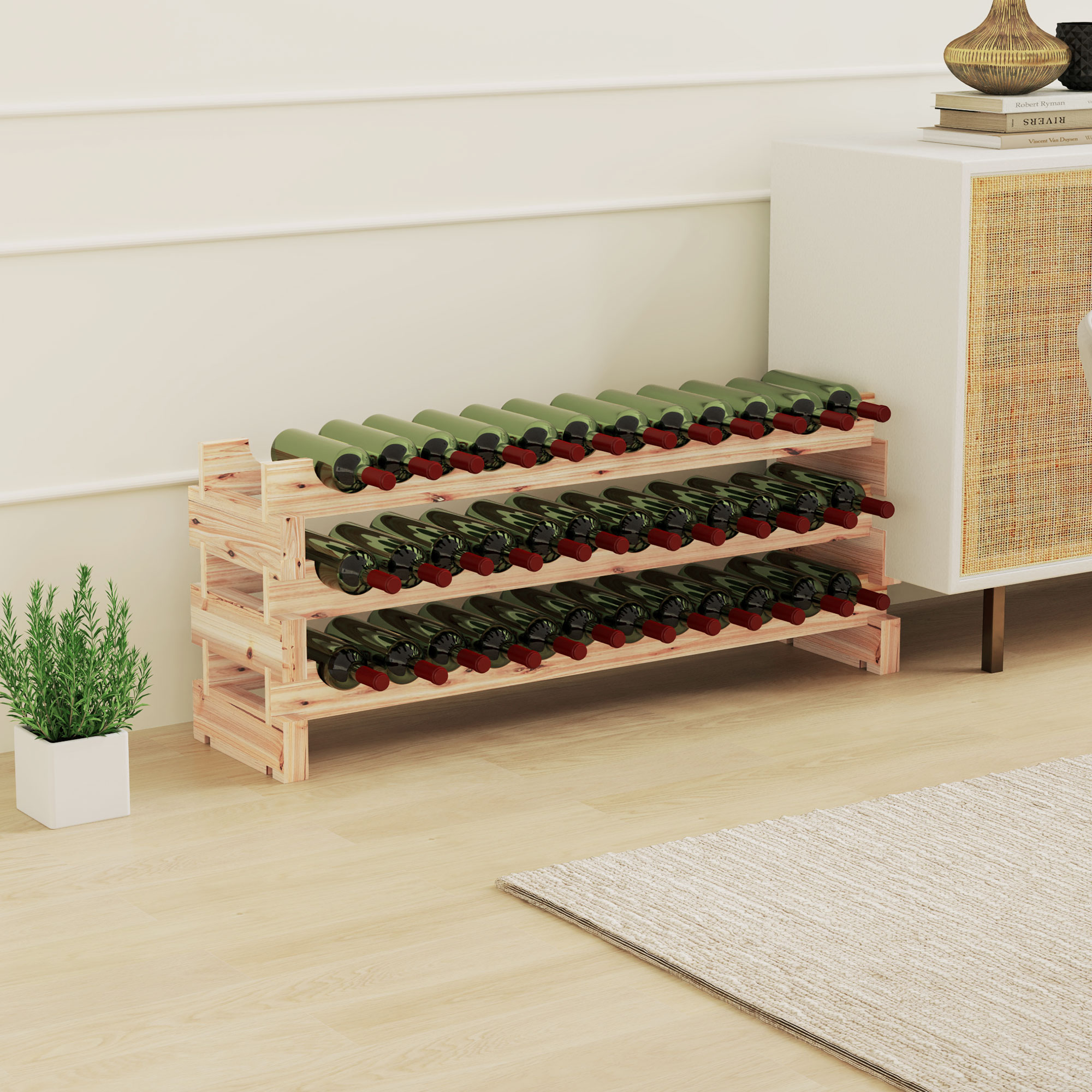 Weinregal Für 36 Flaschen, Weinablage Mit 3 Verstellbaren Ebenen, 114 × 28 × 42,5 Cm, Naturholz