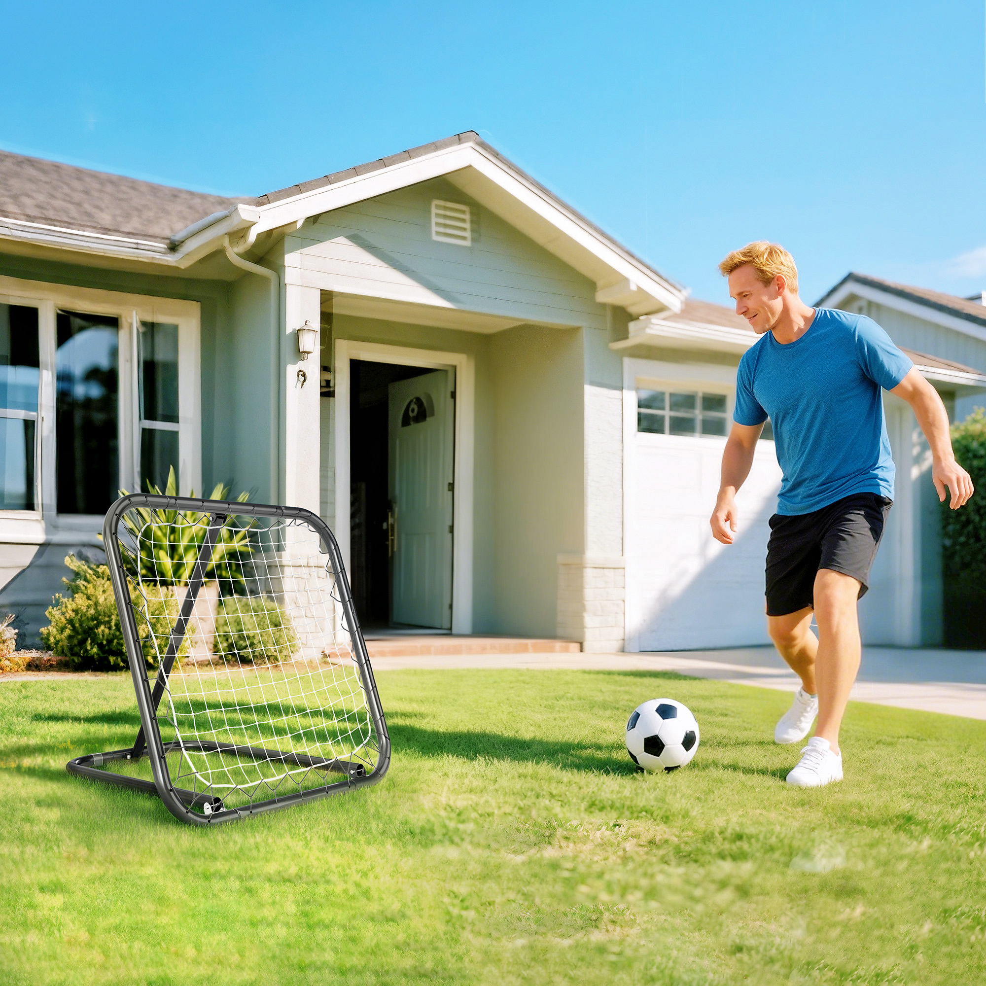 Fußballnetz Mit Rückprallschutz, Verstellbar, Faltbar, Tragbar, Mit 4 Bodenankern, Schwarz-weißes Pe-netz, 78 X 84 X 78 Cm
