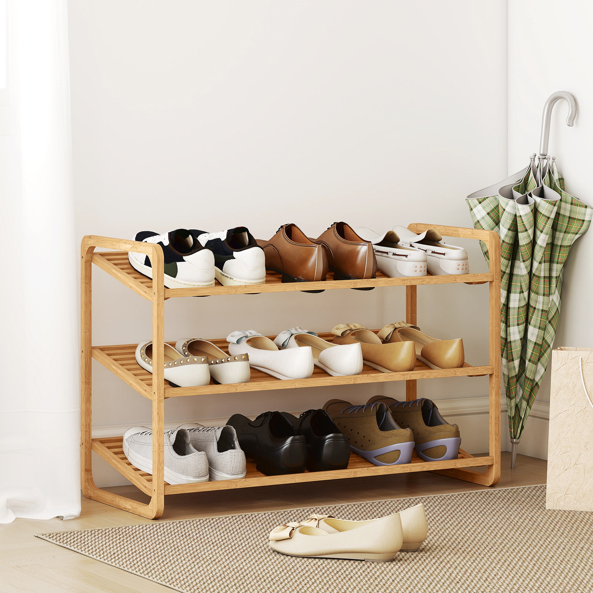 Dreistöckiges Schuhregal Aus Bambus, Platz Für 12 Paar Schuhe, 76 X 33 X 50,8 Cm, Naturholz