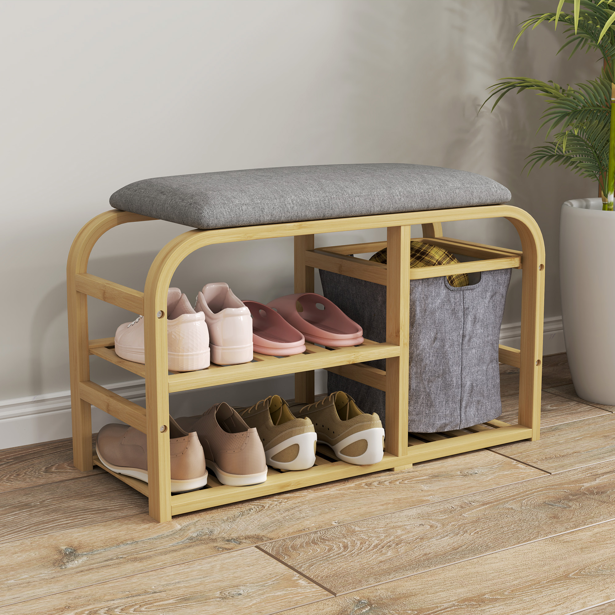 Schuhbank Mit Sitzkissen, 2 Latten Und Ausziehbarem Stoffkorb, 70 X 30 X 45 Cm, Naturholz