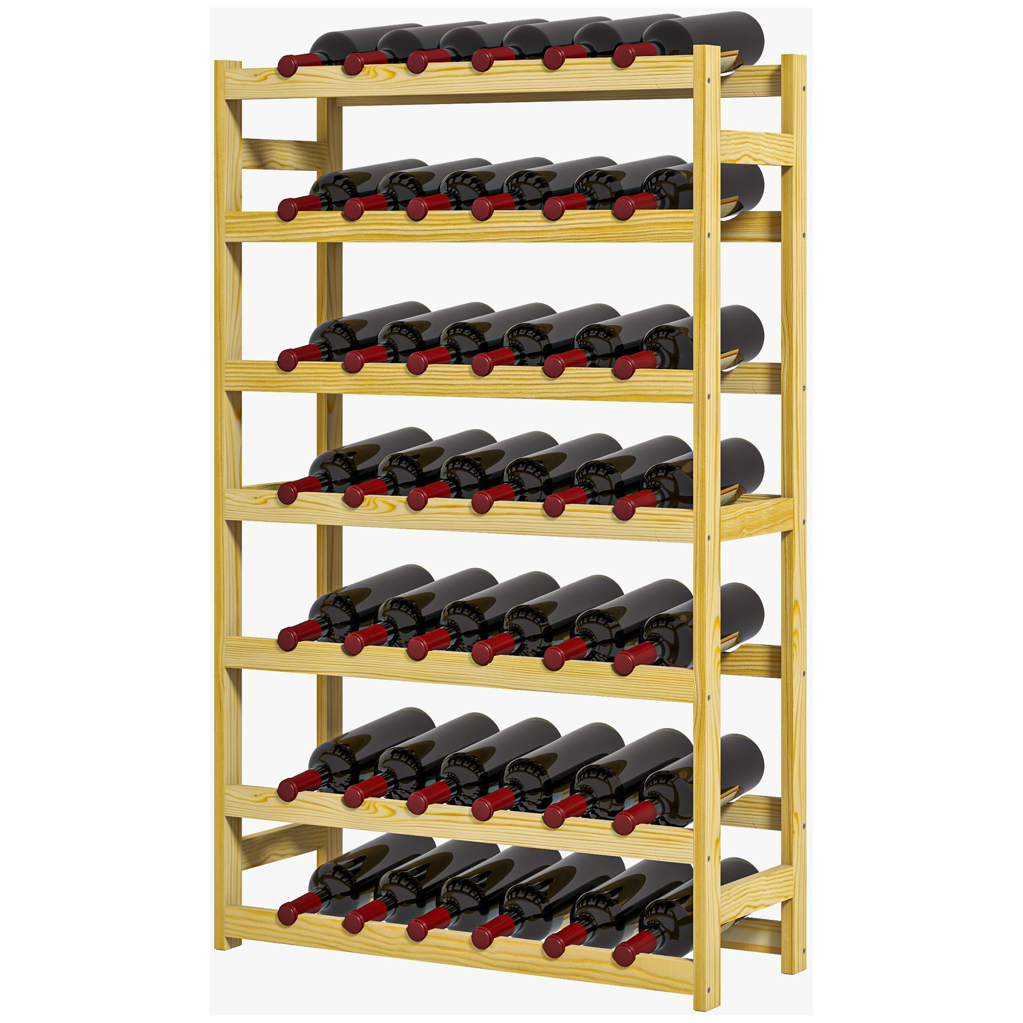 Cave À Vin En Pin Massif, 7 Étagères, Pour 42 Bouteilles, Stabilisateur Antichute, 63x25x102cm, Teinte Naturelle