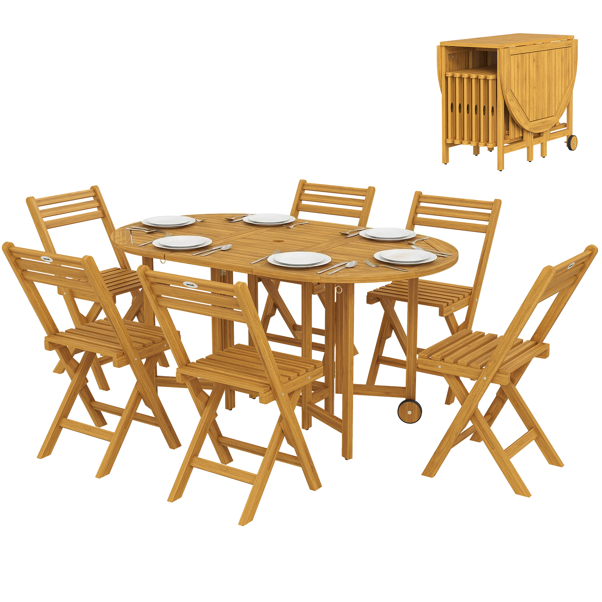 Ensemble De Jardin En Bois Certifié Fsc, Salon De 7 Pièces, Table Extensible Avec 6 Chaises Pliantes, Trou Pour Parasol, Design À Lattes