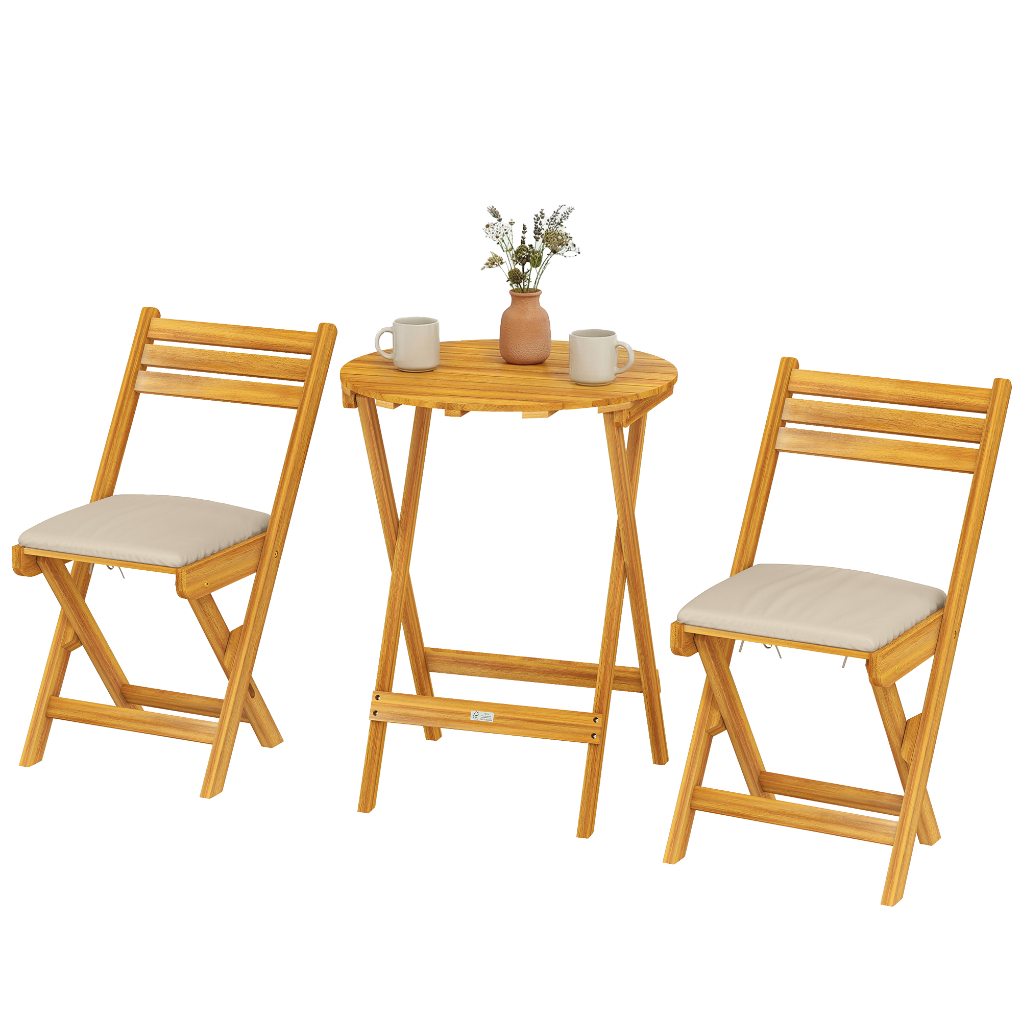 Set De 3 Meubles De Balcon Pliants En Bois Certifié Fsc, Table Ronde, 2 Chaises, Coussins Respirants Et Lattes