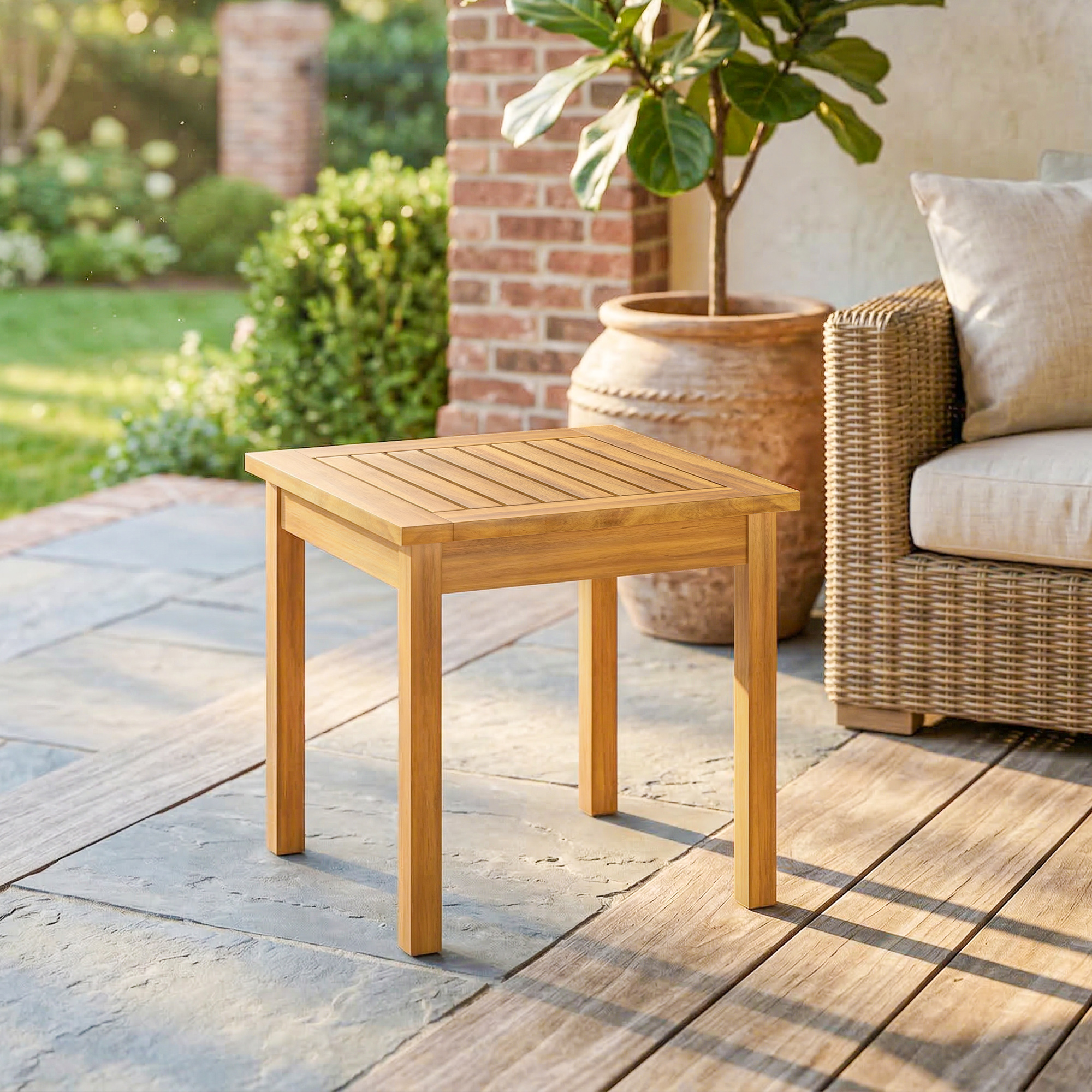 Square Garden Couchtisch Aus Massivem Akazienholz, Mit Lattenrost, Verstellbaren Füßen, 48 X 48 X 46 Cm, Naturfarbe
