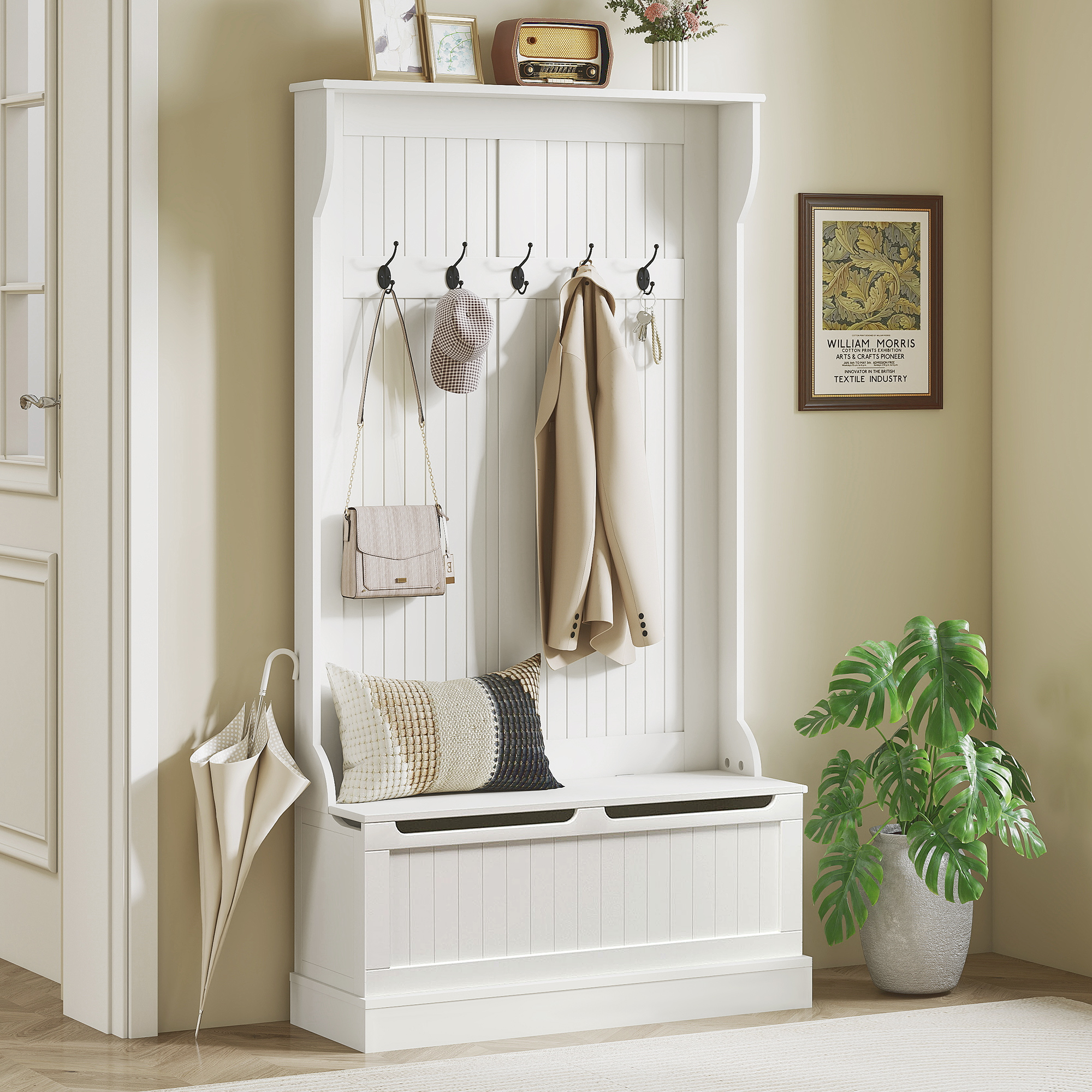 Flurmöbel Mit 3-in-1-kleideraufhänger Und 5 Haken, Aufbewahrungsbank Für Wohnzimmer/flur, 96 X 34 X 179,7 Cm, Cremefarben