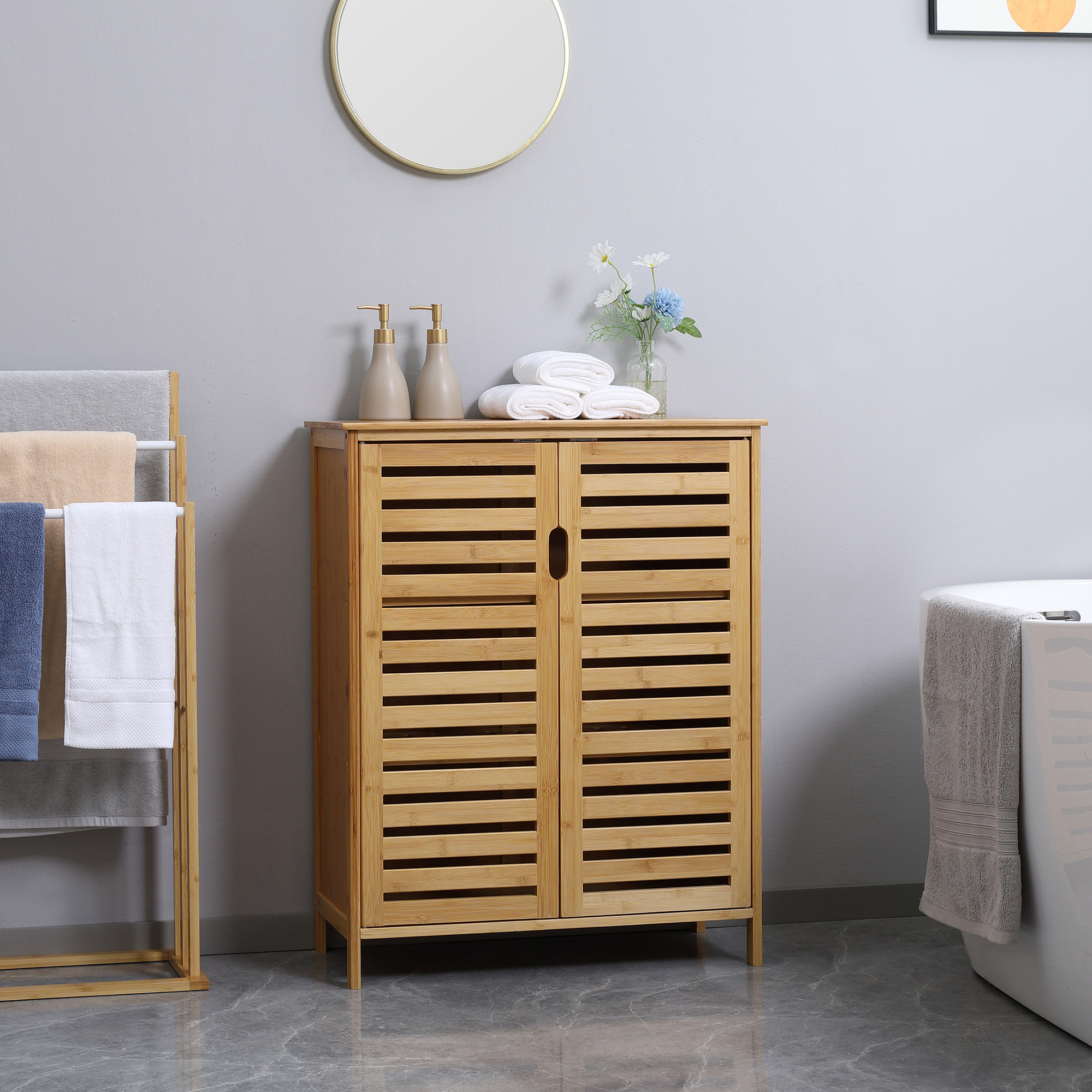 Bambus-badezimmerschrank, Freistehende Kommode Mit Doppellamellentüren, 68 X 32 X 86 Cm, Naturfarbe