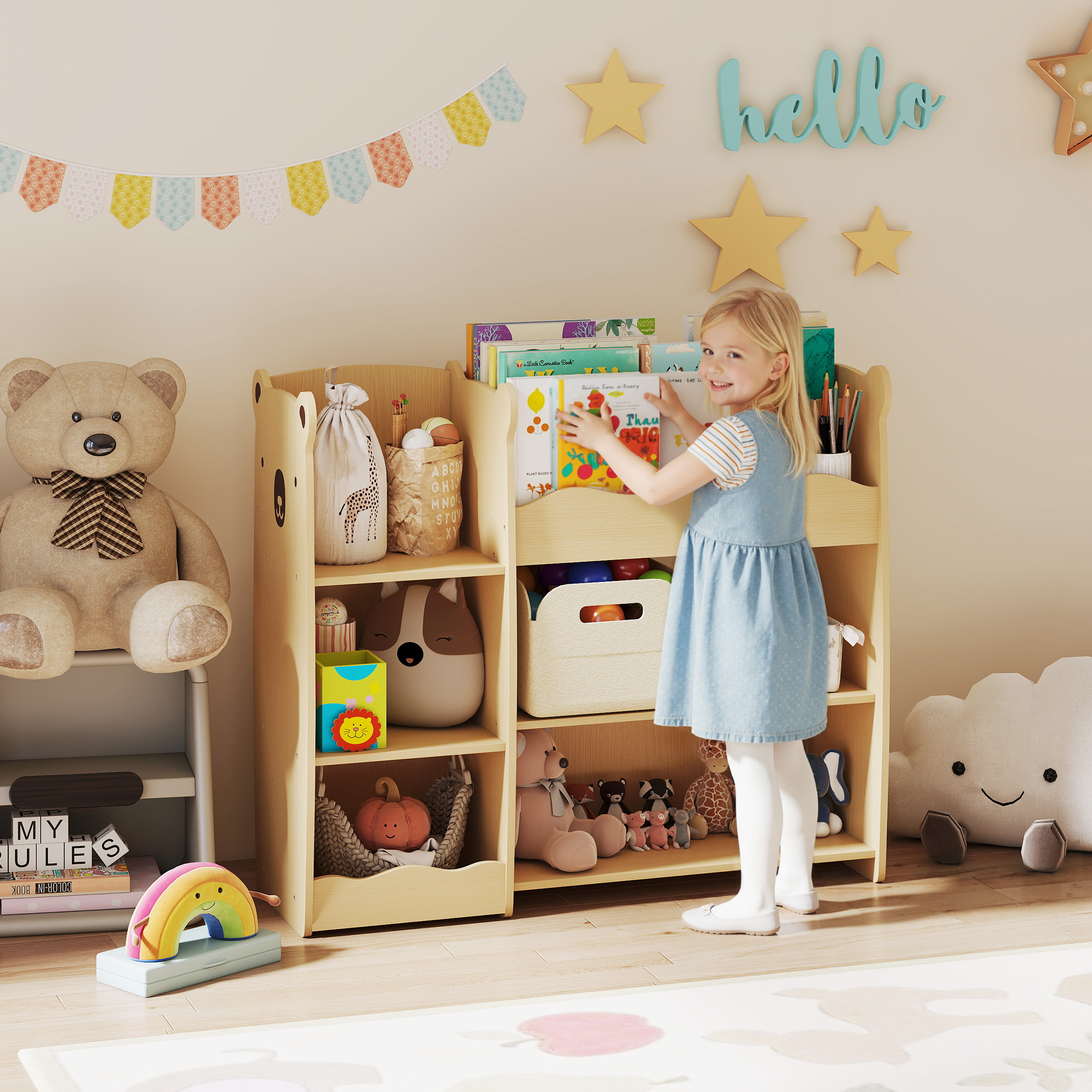 Dreistöckiges Kinderaufbewahrungssystem, Spielzeugregal Mit Offenen Fächern, 92 X 29 X 79 Cm, Natur