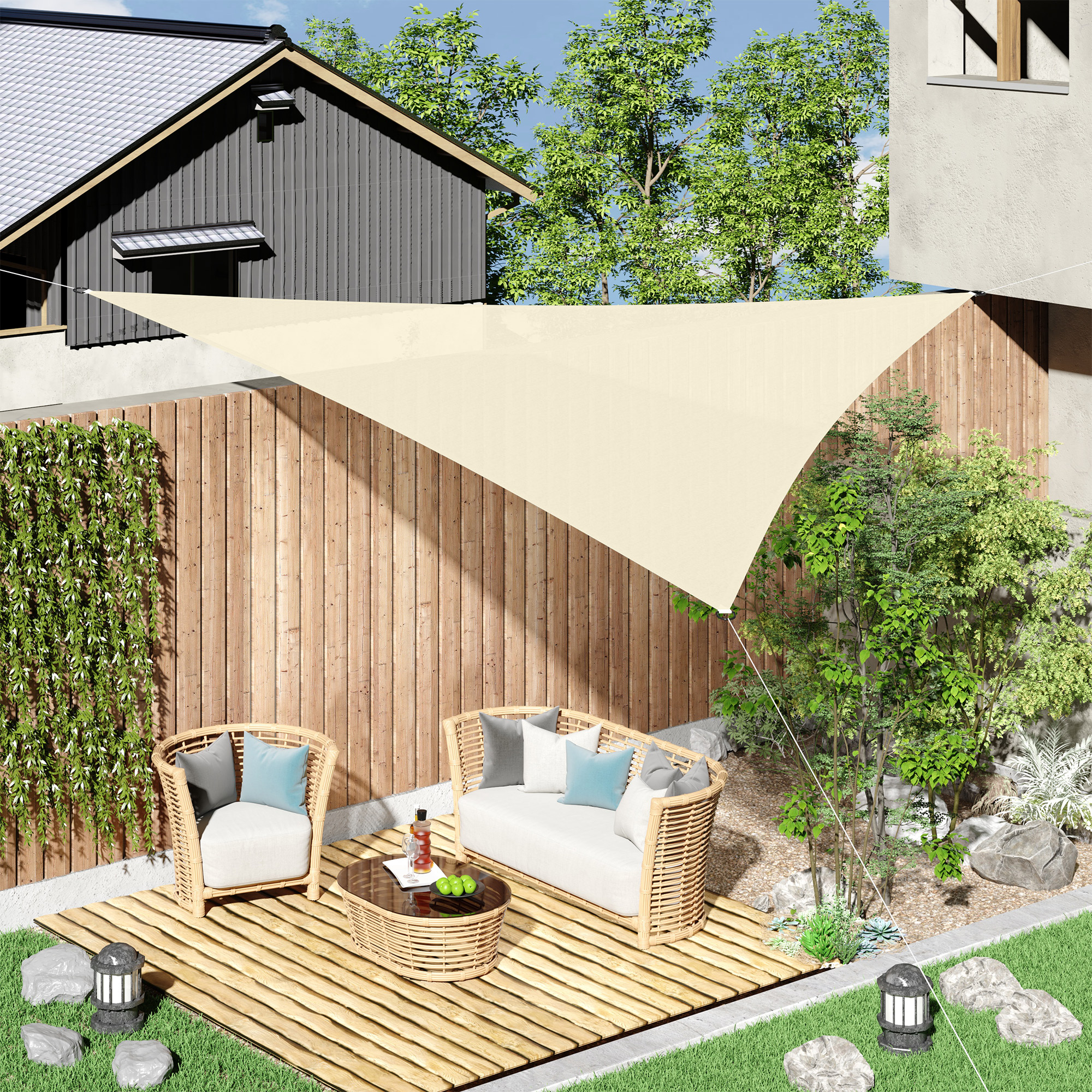 Dreieckiger Sonnenschutz Aus Hdpe Für Den Außenbereich, 3 X 3 X 3 M, Cremefarben/elfenbeinweiß