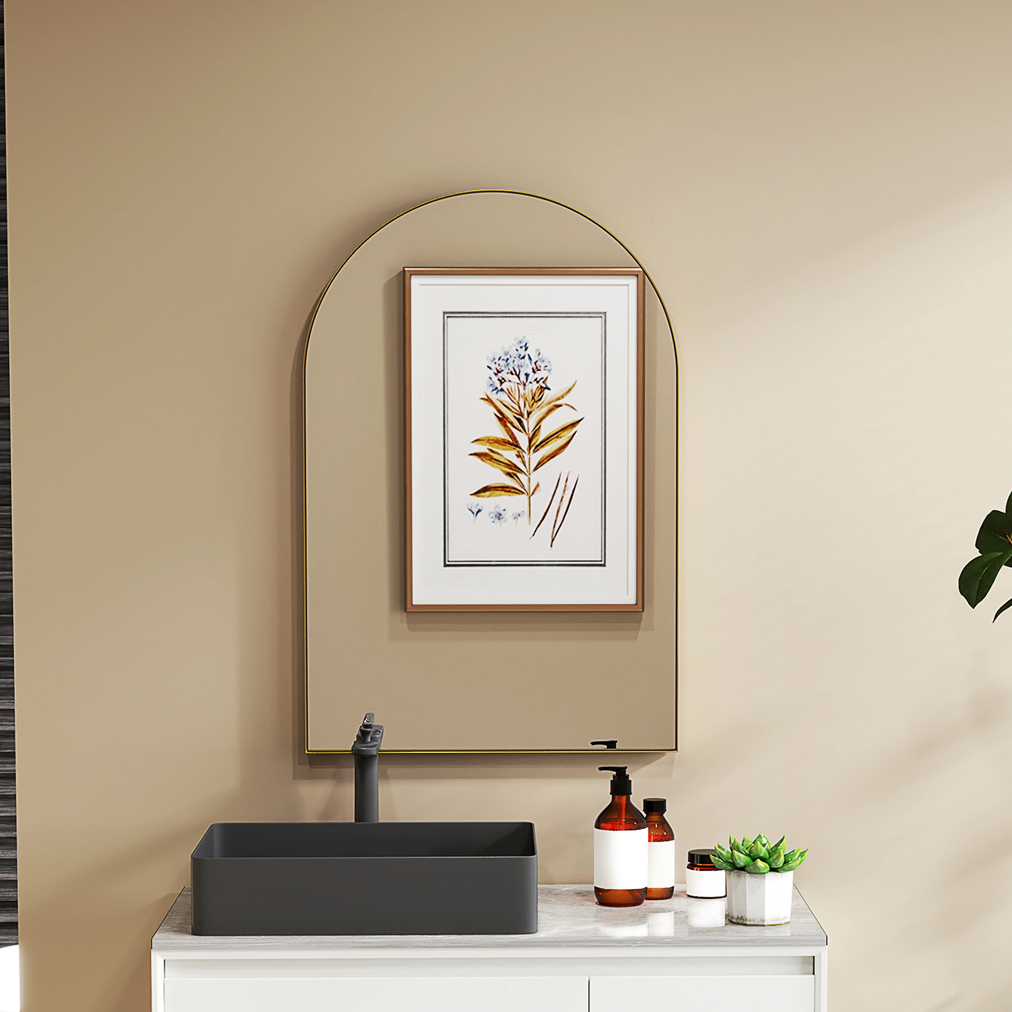 Gebogener Wandspiegel, Badezimmerspiegel Mit Aluminiumrahmen Für Schlafzimmer, Wohnzimmer, Eingangsbereich, 60 X 90 Cm, Gold