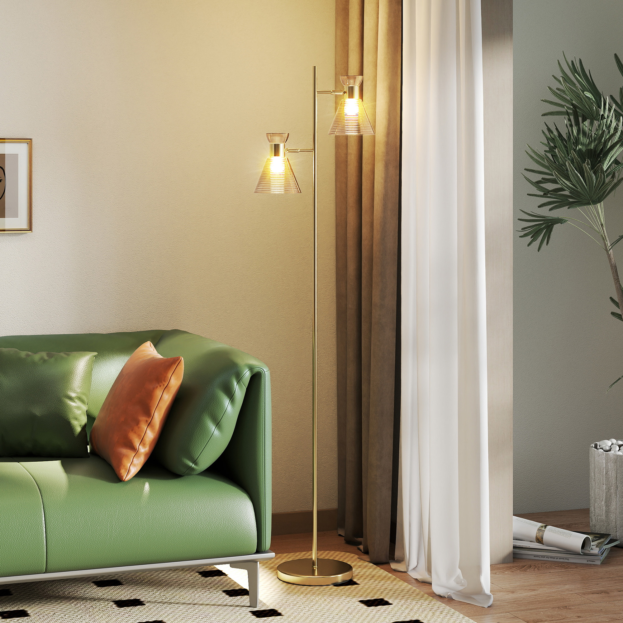 Verstellbare Stehlampe Mit Zwei Leuchten Für Das Wohnzimmer, Stehlampe, Floraler Glasschirm, 42 X 25 X 165 Cm, Gold