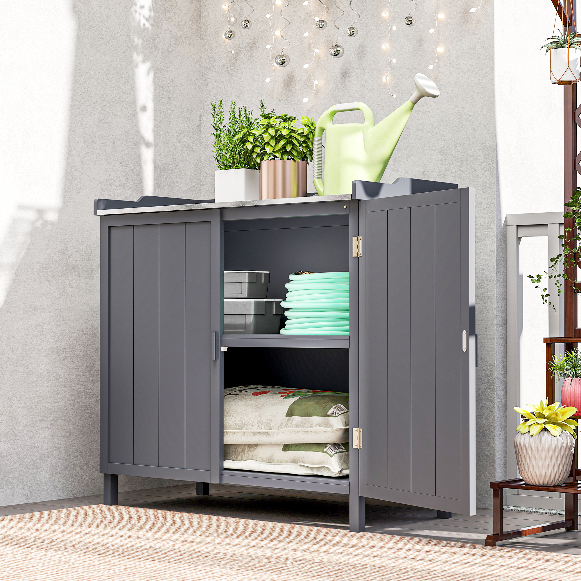 Freistehender Gartenschrank, 2-in-1-pflanztisch Mit Doppeltüren, Ablagen, Verzinkter Metallplatte – Grau