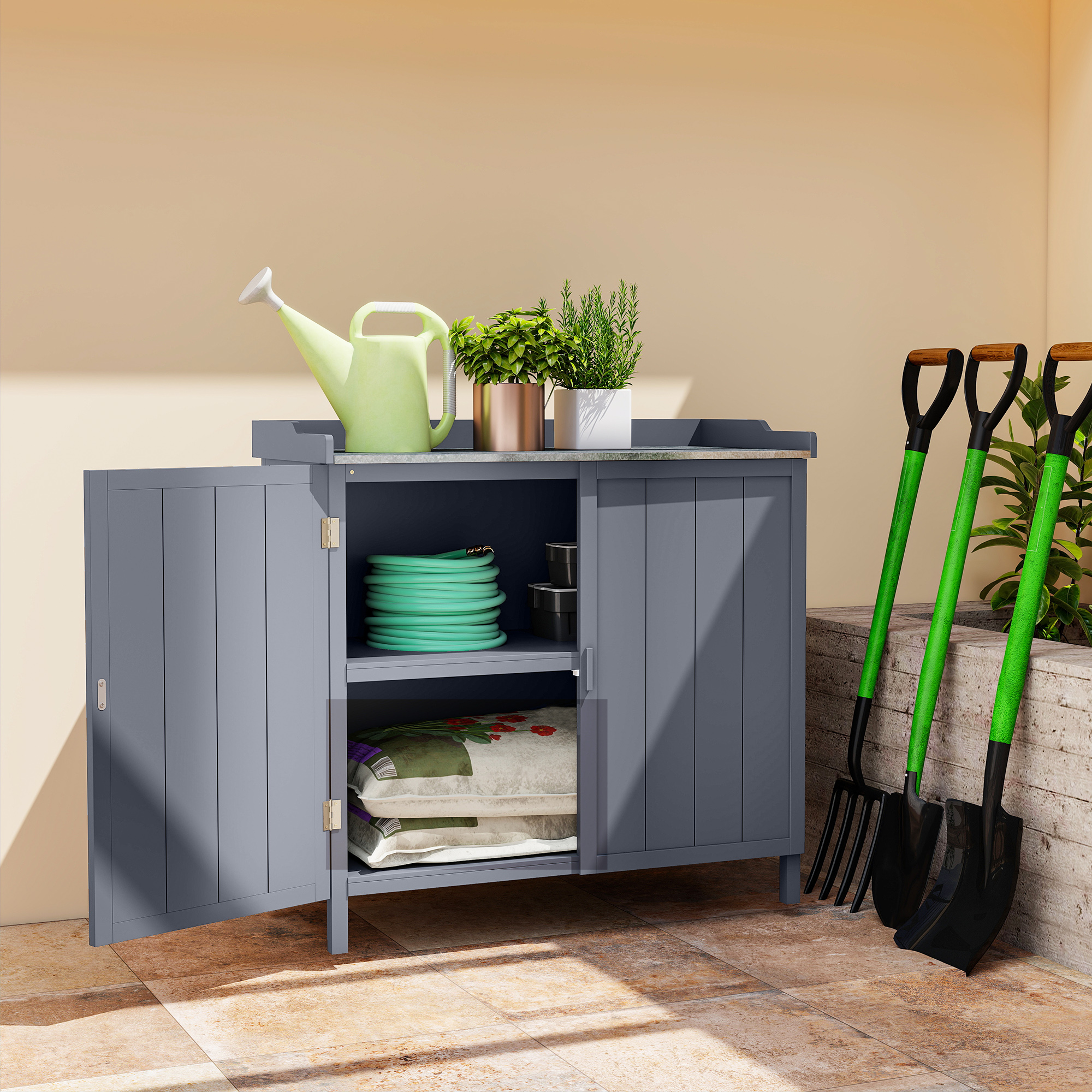 Gartenschrank Aus Holz Mit Metallplatte Und 2 Einlegeböden, 98 X 48 X 95,5 Cm, Grau