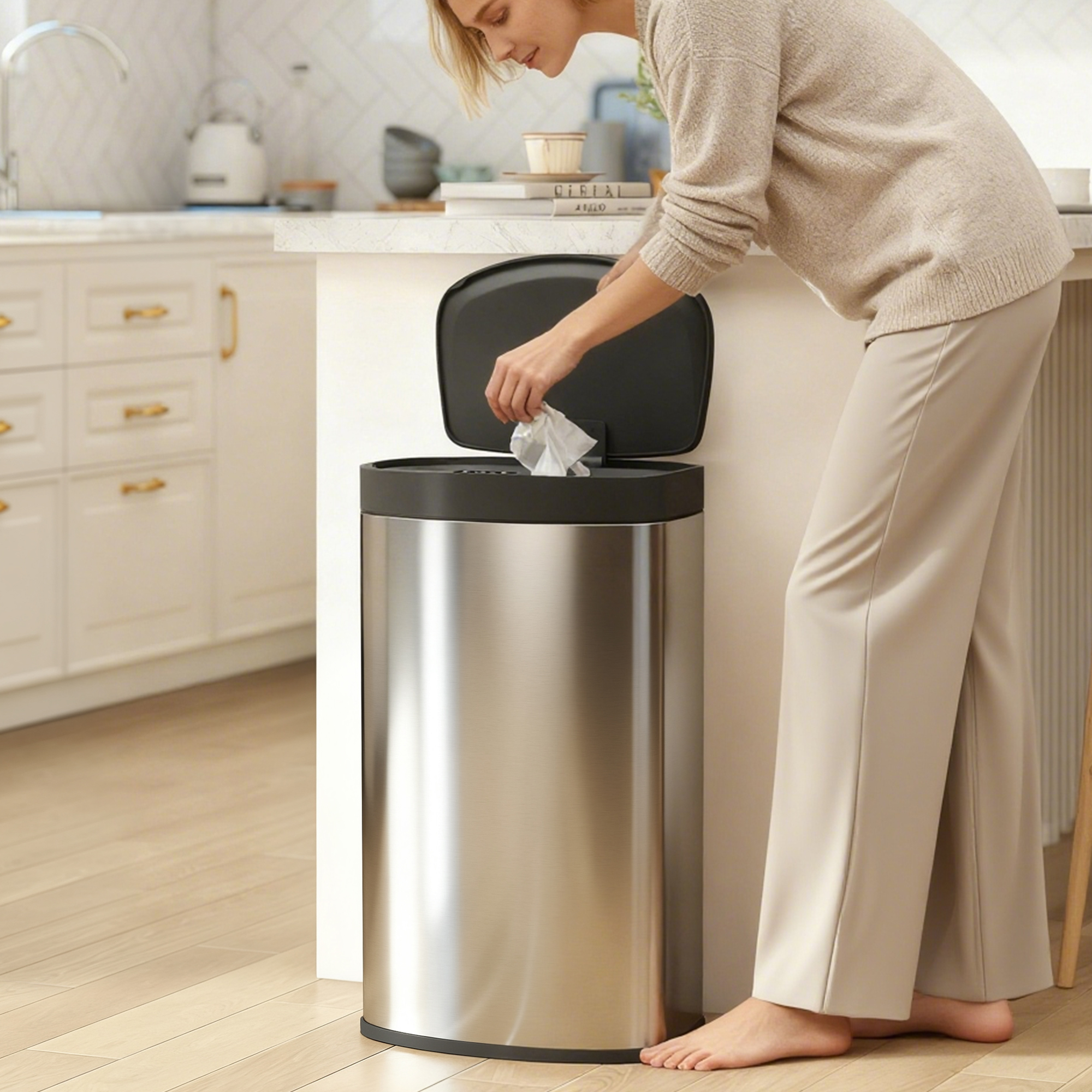 Automatischer Küchenabfalleimer, 55 Liter, Aus Edelstahl Mit Soft-close-deckel, 38 X 28,5 X 69 Cm, Silber
