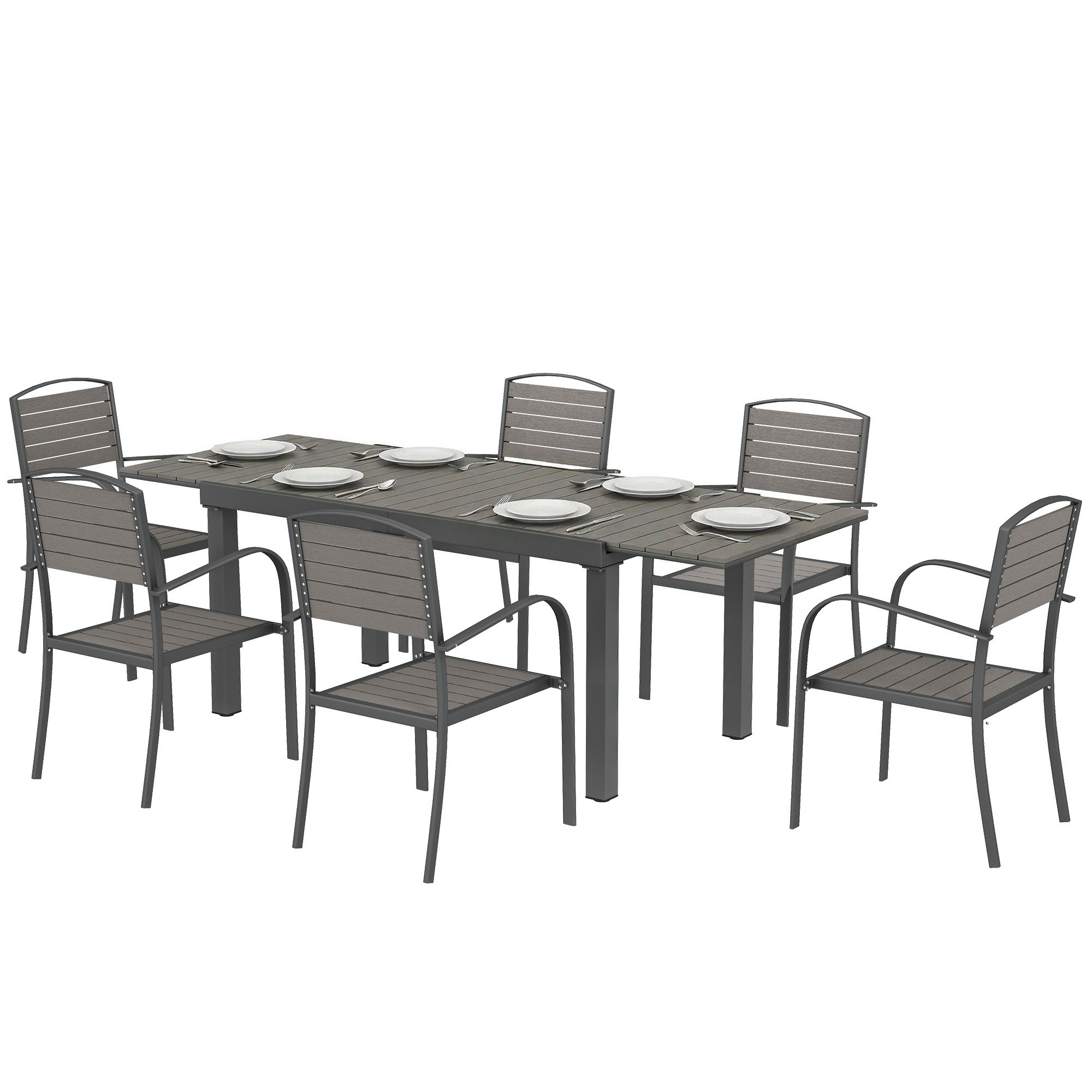 Ensemble De Jardin 7 Pièces, Salon De Jardin Extensible Avec 6 Chaises Empilables, Aspect Bois Lattes, Cadre En Aluminium