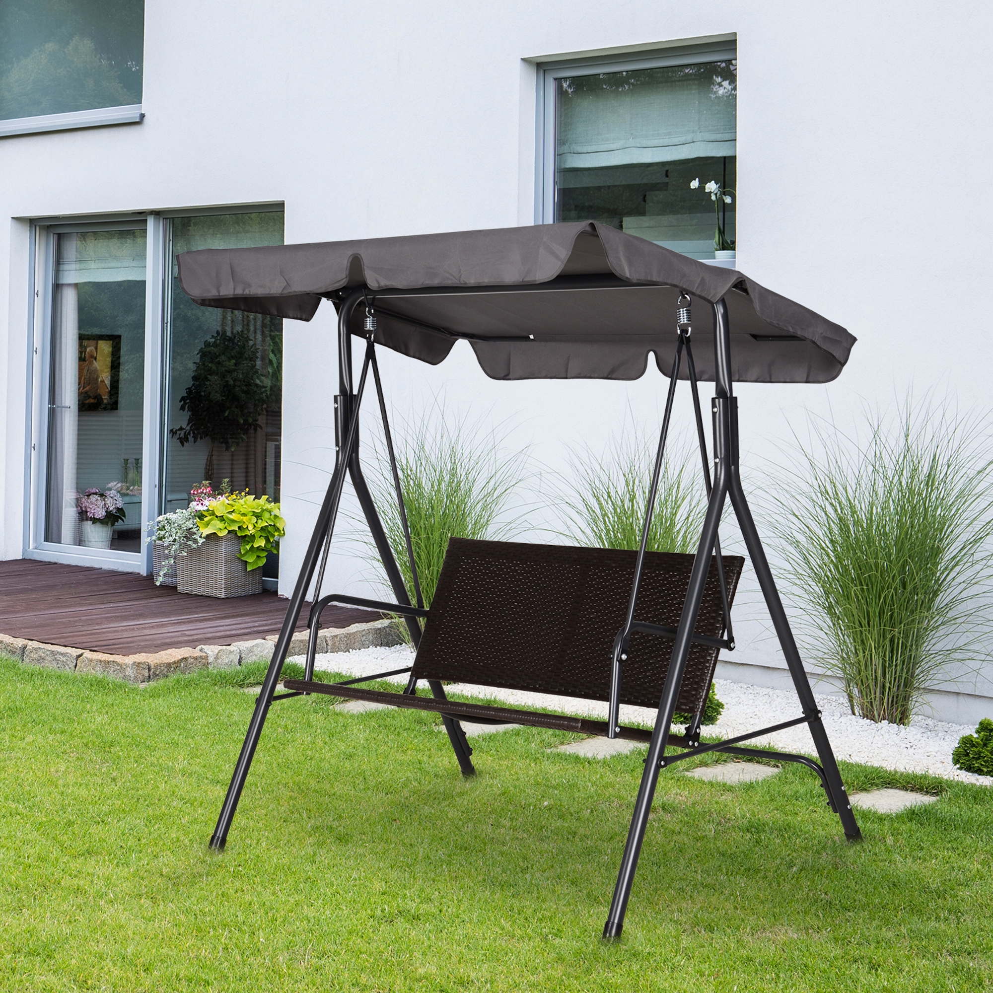 Gartenschaukel Für 2 Personen Mit Verstellbarem Sonnenschutz, 140 X 110 X 151 Cm, Braun Und Grau