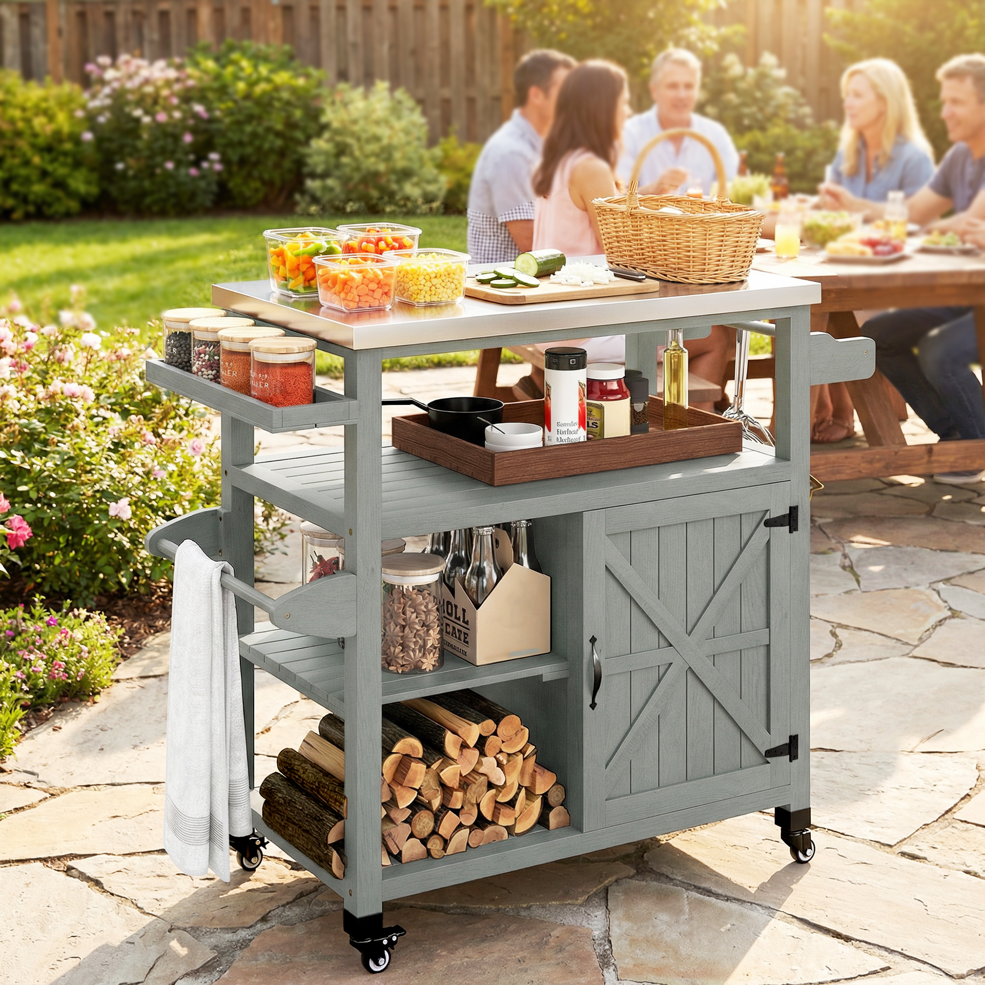 Servierwagen/grillwagen Auf Rädern Mit Edelstahlplatte, 107 X 49,5 X 92,5 Cm, Grau
